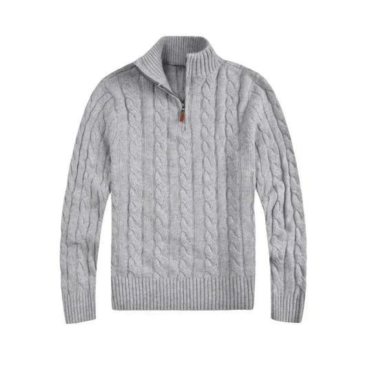 Grauer Strickpullover mit Reißverschluss, Herrenmode, Winterkleidung, Zopfmuster, Baumwolle.