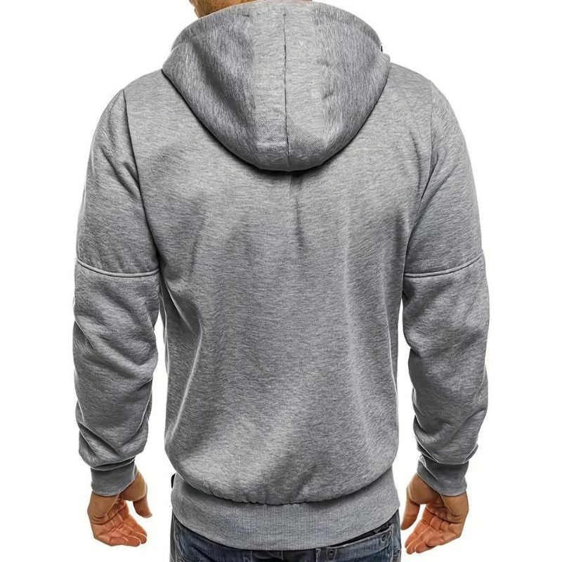 Grauer Kapuzenpullover Herren, Rückansicht, Baumwolle, lässig, modisch, bequem, Freizeitkleidung.