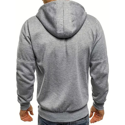 Grauer Kapuzenpullover Herren, Rückansicht, Baumwolle, lässig, modisch, bequem, Freizeitkleidung.