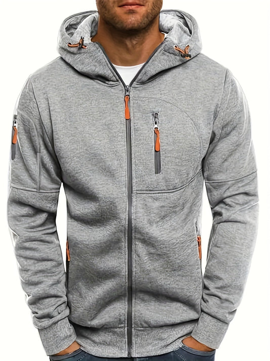 Grauer Herren-Hoodie mit Reißverschlüssen, Kapuze und Taschen, sportlich, bequem, modisch.