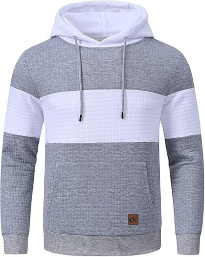 Grauer Herren-Hoodie mit weißen Streifen, Kapuze und Kängurutasche aus Baumwollmischung.
