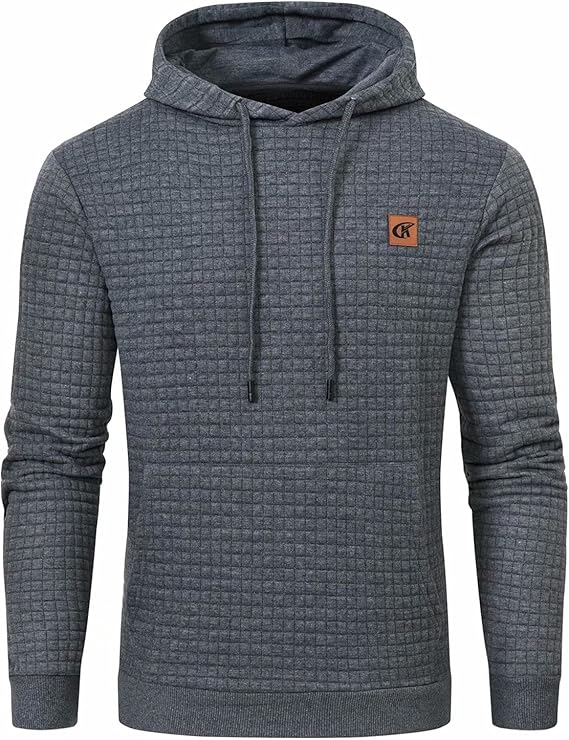 Grauer Kapuzenpullover für Herren, kariertes Muster, Baumwolle, lässig, modisch, bequem.