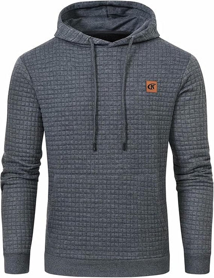 Grauer Kapuzenpullover für Herren, kariertes Muster, Baumwolle, lässig, modisch, bequem.