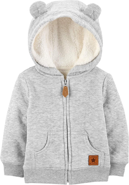 Grauer Baby-Kapuzenpullover mit Ohren, Reißverschluss, weichem Futter, Baumwolle, Unisex.