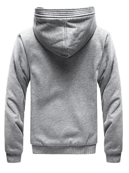 Grauer Kapuzenpullover aus Baumwolle, Rückansicht, Herrenmode, lässig, bequem, warm.