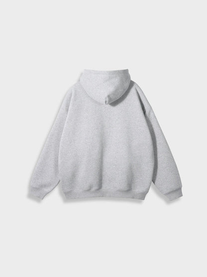 Grauer Kapuzenpullover aus Baumwolle, Rückansicht, lässiger Stil, Unisex-Mode.