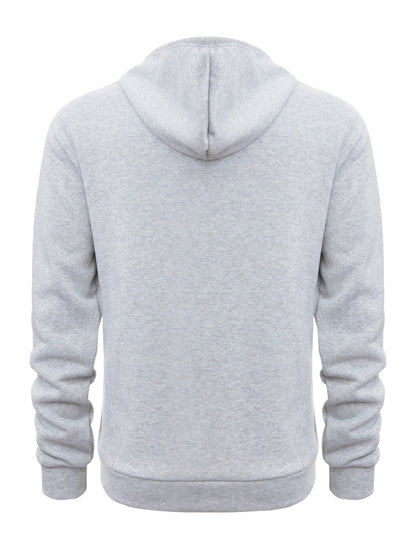Grauer Kapuzenpullover aus Baumwolle, Rückansicht, Unisex, bequem, lässig, modisch.