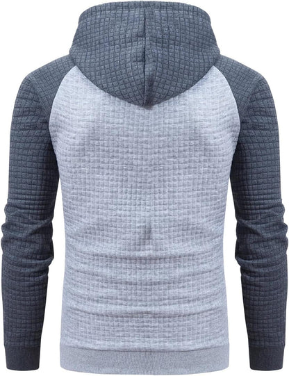 Grauer Kapuzenpullover für Herren, kariertes Design, Langarm, Baumwolle, modisch, bequem.