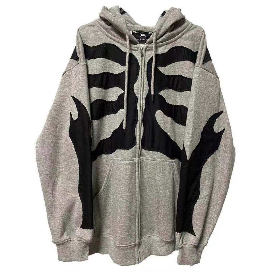 Grauer Kapuzenpullover mit schwarzem Skelett-Design, Unisex, Baumwolle, Streetwear-Mode.