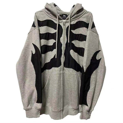 Grauer Kapuzenpullover mit schwarzem Skelett-Design, Unisex, Baumwolle, Streetwear-Mode.