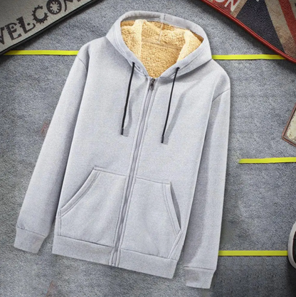 Grauer Kapuzenpullover mit Reißverschluss, Fleece-Innenfutter, Herrenmode, Winterbekleidung.