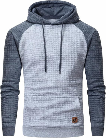 Grauer Kapuzenpullover für Herren, gesteppter Stoff, Langarm, modisches Design.