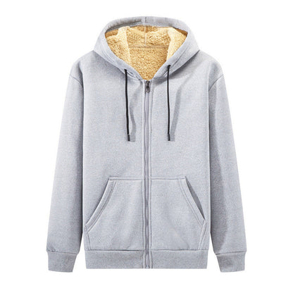 Grauer Kapuzenpullover mit Reißverschluss, Fleece-Innenfutter, Kängurutaschen, Unisex-Design.