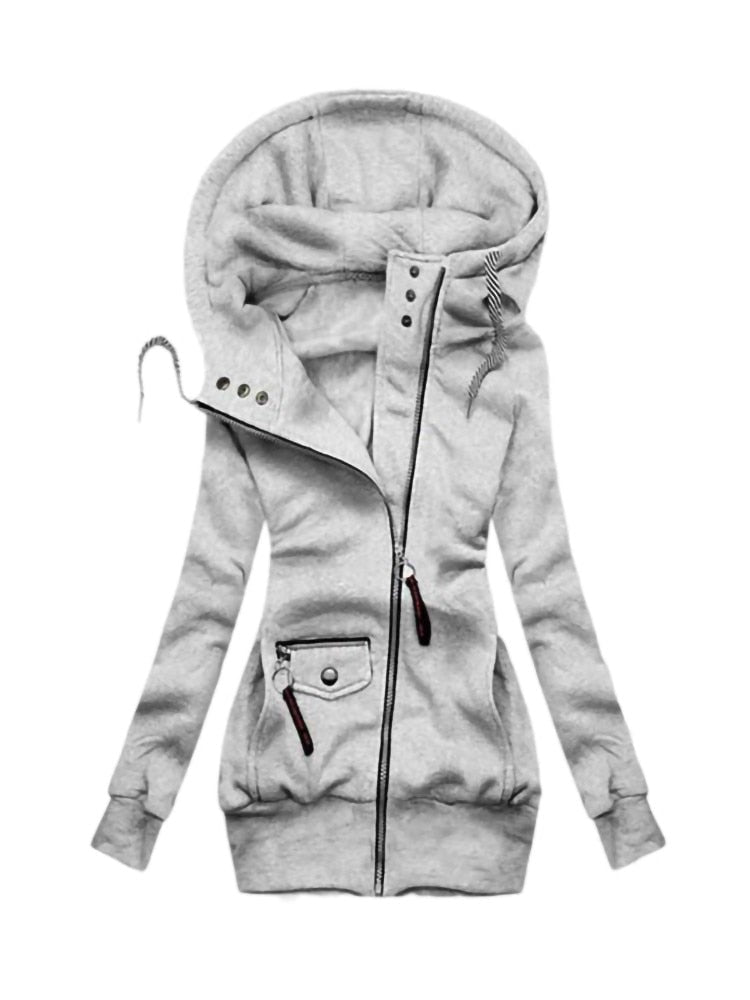 Grauer Damen-Hoodie mit Reißverschluss, Kapuze, Taschen, Baumwolle, modisch, bequem.