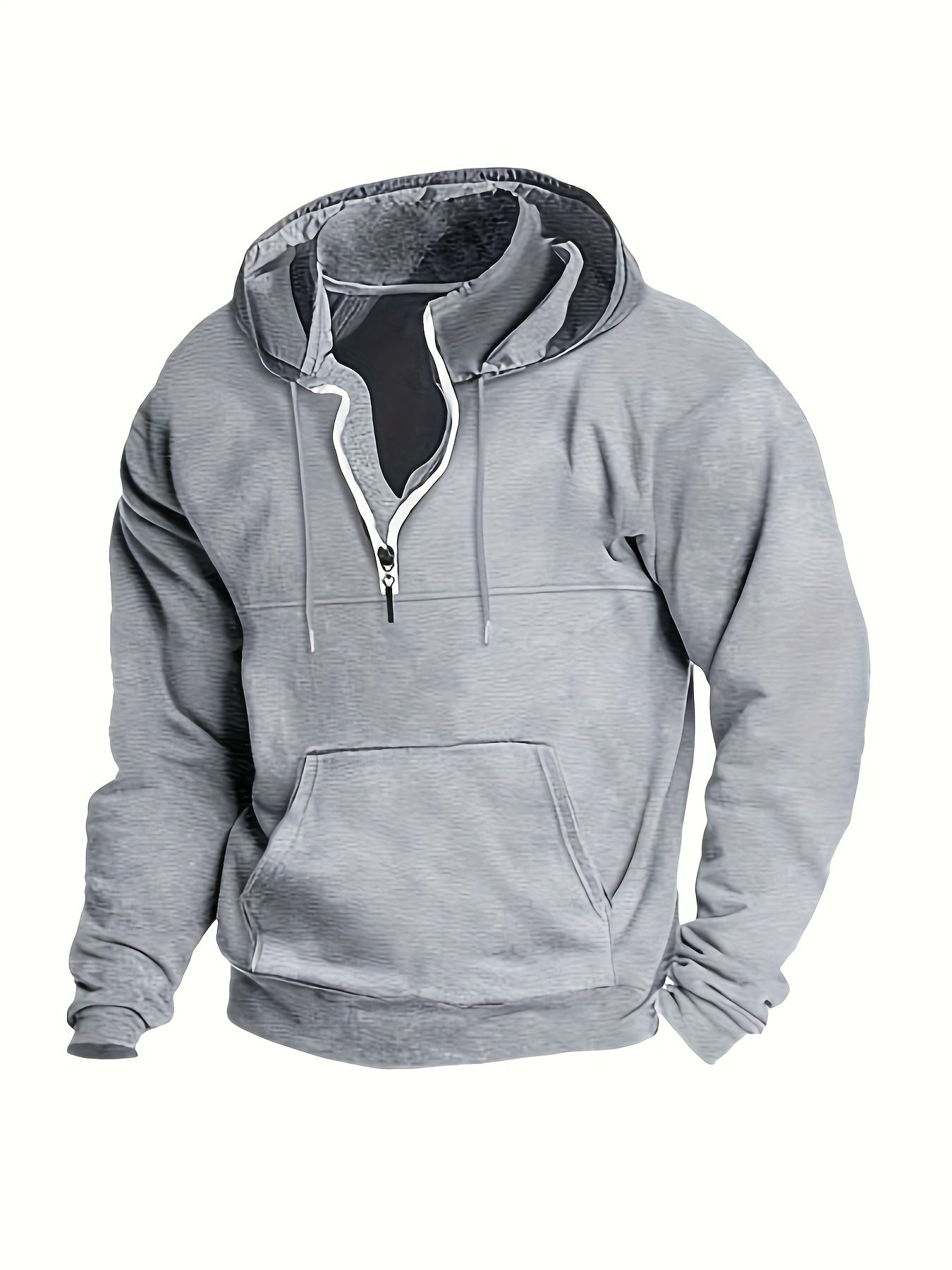 Grauer Kapuzenpullover Herren, Reißverschluss, Kängurutasche, Baumwolle, Freizeitmode.