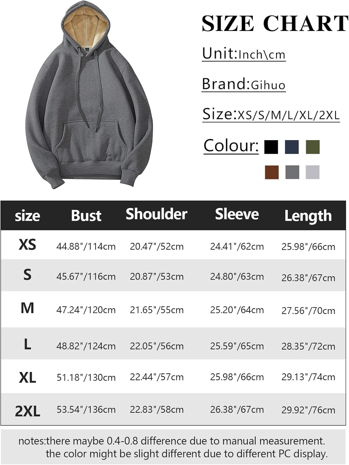 Grauer Kapuzenpullover aus Baumwolle, Gihuo, Unisex, Größen XS-2XL, Größentabelle inklusive.