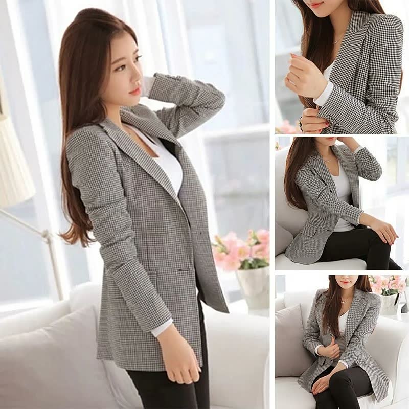 Eleganter Damenblazer kariert, grau-weiß, tailliert, modisch, Business-Look, Herbstmode.