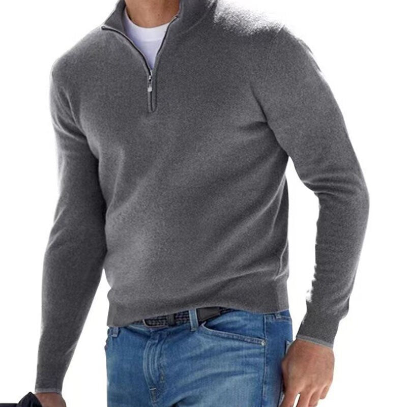 Grauer Herrenpullover aus Kaschmir mit Reißverschluss, elegantes Design, weiches Material.