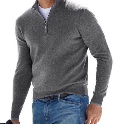 Grauer Herrenpullover aus Kaschmir mit Reißverschluss, elegantes Design, weiches Material.