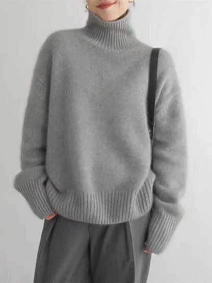 Damen Kaschmir Rollkragenpullover, grau, Herbst Winter 2023, locker, warm, modisch.
