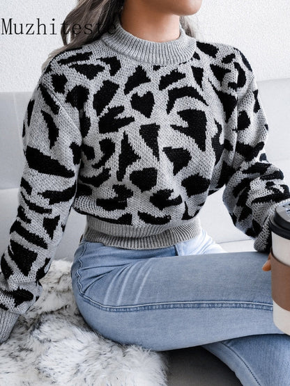Damenpullover, grau-schwarz, Leopardenmuster, Strick, modisch, Herbstmode, gemütlich.