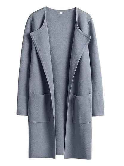 Grauer Damenmantel aus Wolle, offener Schnitt, mit Taschen, elegantes Design.