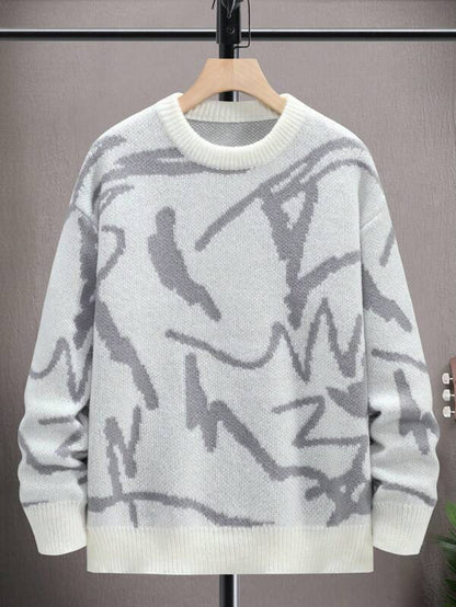 Grauer Strickpullover mit abstraktem Muster, Rundhalsausschnitt, Herrenmode, Winterkleidung.