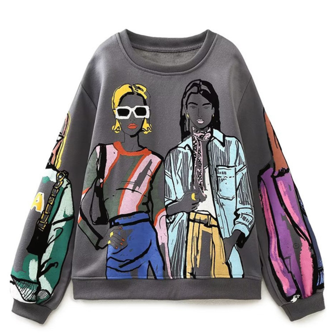 Grauer Damenpullover mit buntem, modischem Print, Langarm, lässiger Stil.