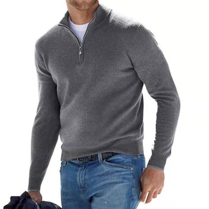 Grauer Herren-Pullover mit Reißverschluss, langärmelig, casual, aus Baumwolle, modisch.