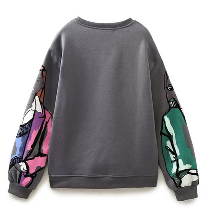 Graues Sweatshirt mit buntem abstraktem Kunstmotiv auf den Ärmeln, Unisex, Baumwolle.