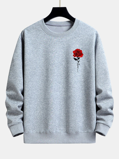 Grauer Pullover mit rotem Rosenmotiv, Unisex, Baumwolle, lässig, modisch, bequem.