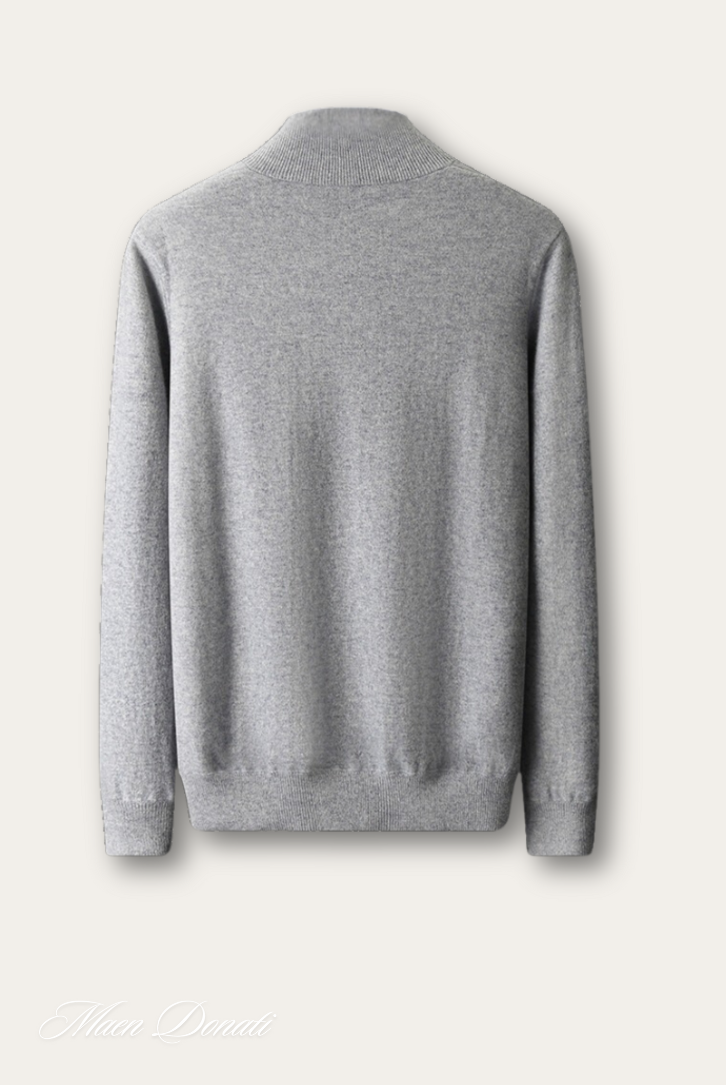 Grauer Kaschmirpullover Herren, Rückansicht, weiches Material, elegantes Design, Wintermode.