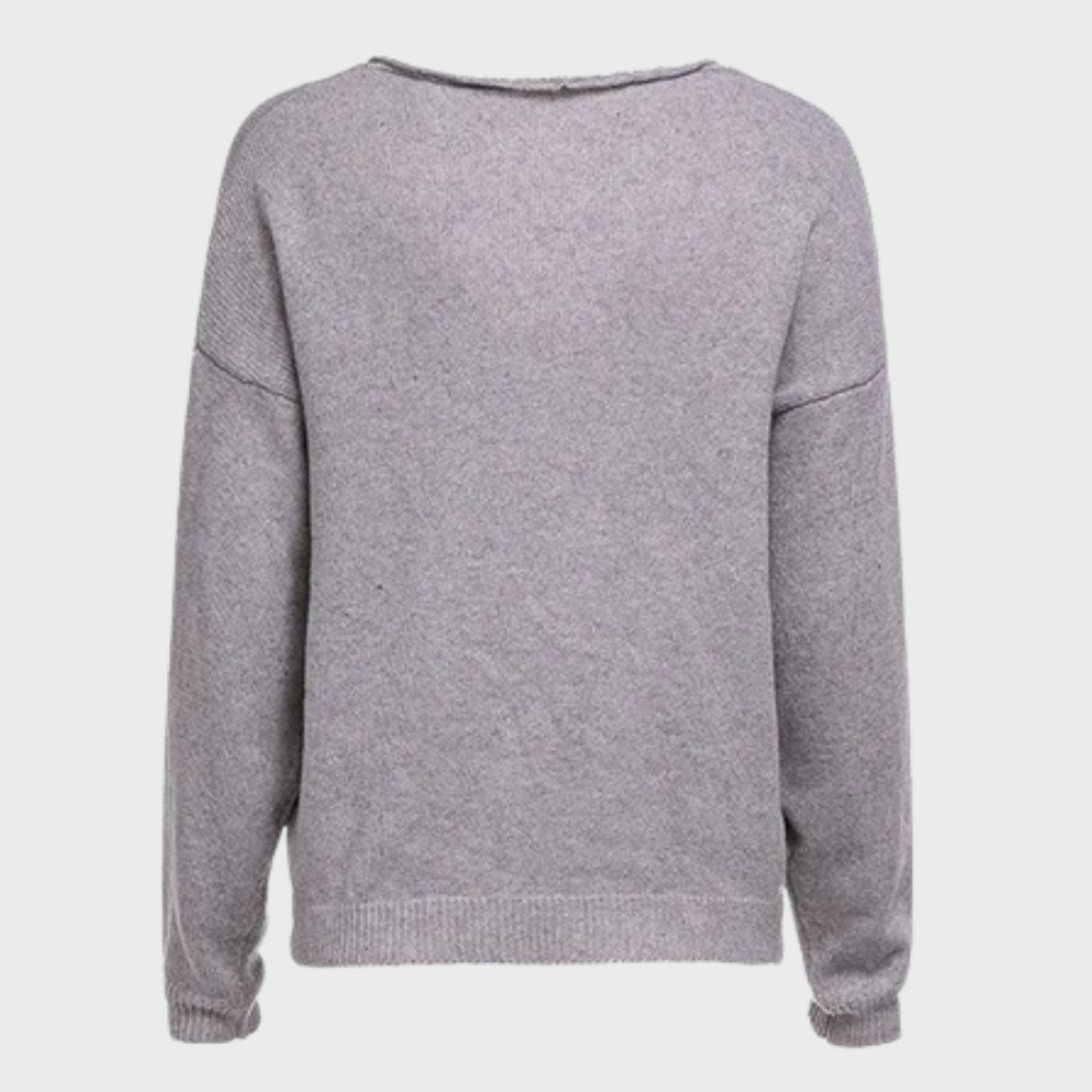 Grauer Damenpullover aus Baumwolle, Rückansicht, lässiger Stil, Langarm, modisch.