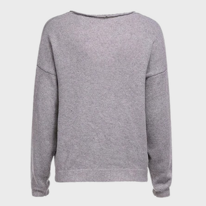 Grauer Damenpullover aus Baumwolle, Rückansicht, lässiger Stil, Langarm, modisch.