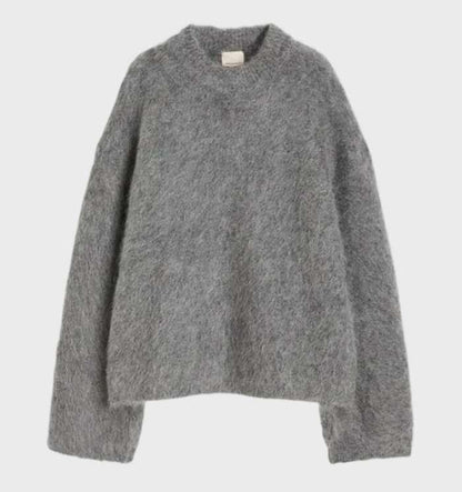 Grauer Damenpullover aus Wolle, langärmelig, kuschelig, modisch, Herbst-Winter-Kleidung.