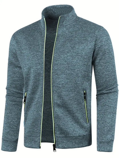 Graue Herrenjacke mit Reißverschluss, Stehkragen, sportlich, bequem, aus Baumwollmischung.