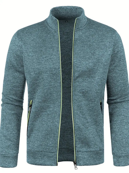 Graue Herrenjacke, Reißverschluss, Stehkragen, Freizeitmode, Baumwolle, sportlich, elegant.