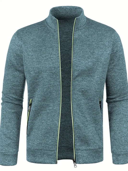 Graue Herrenjacke, Reißverschluss, Stehkragen, Freizeitmode, Baumwolle, sportlich, elegant.