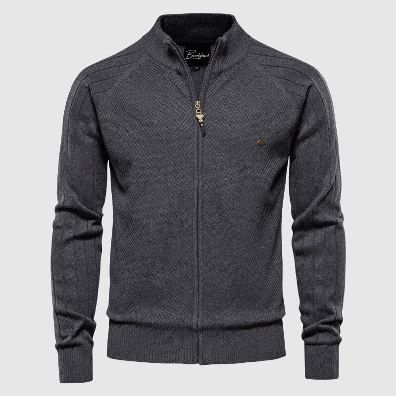 Dunkelgrauer Herren-Strickpullover mit Reißverschluss, John Wellington, elegantes Design.