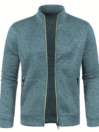 Graue Herrenjacke mit Reißverschluss, Stehkragen, Taschen, aus Baumwolle, modisch, bequem.