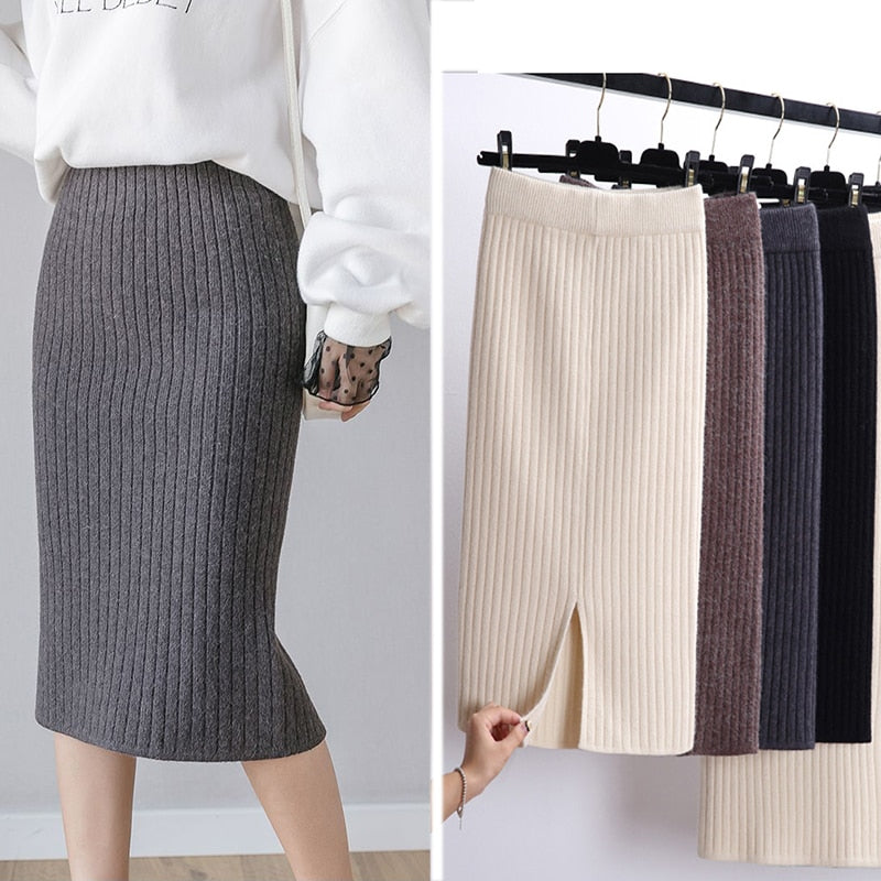 Damen Strickrock, gerippt, knielang, in Grau, Beige, Braun, Schwarz, modisch, elegant.