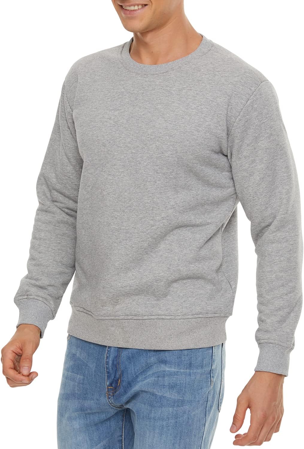 Grauer Herrenpullover, Baumwolle, Rundhalsausschnitt, lässig, bequem, modisch, Freizeitkleidung.