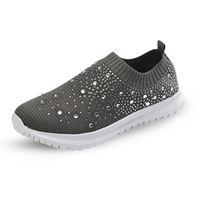 Grauer Damen-Sneaker mit Strasssteinen, atmungsaktiv, rutschfest, modisch.