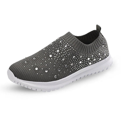 Grauer Damen-Sneaker mit Strasssteinen, atmungsaktiv, rutschfest, modisch.