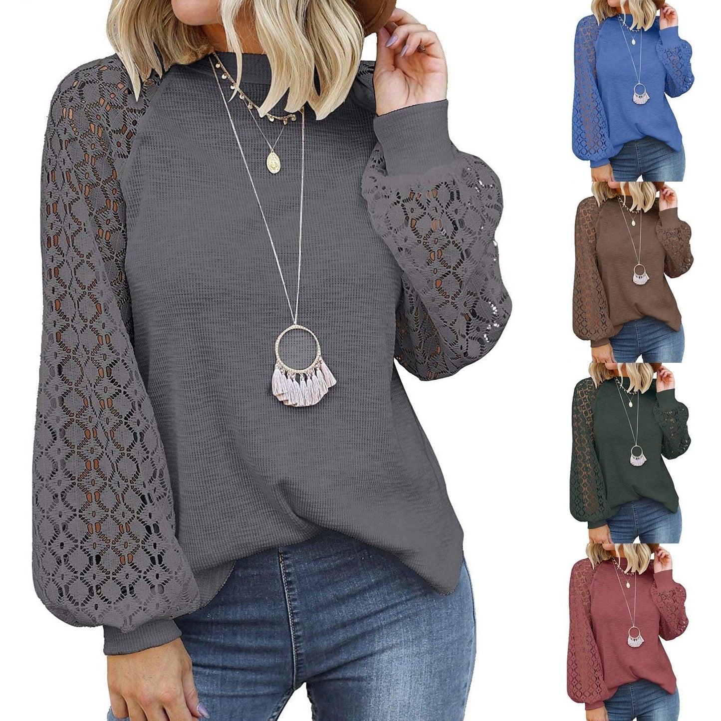 Damenpullover mit Spitzenärmeln, verschiedene Farben, lässig, modisch, Herbstmode.
