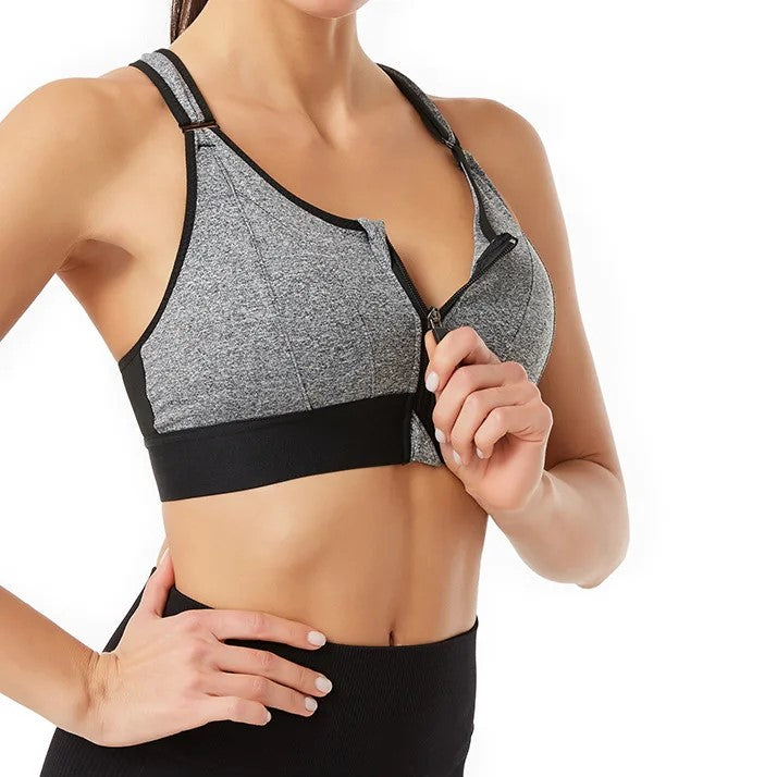 Grauer Sport-BH mit Reißverschluss vorne, Damen, Fitness, atmungsaktiv, bequem.