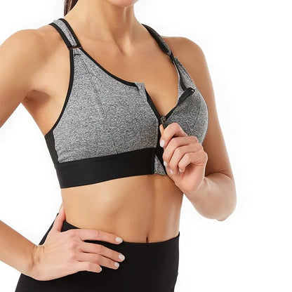 Grauer Sport-BH mit Reißverschluss vorne, Damen, Fitness, atmungsaktiv, bequem.
