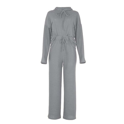 Grauer Damen-Strickoverall mit Schleife, langärmelig, bequem, modisch, Freizeitkleidung.