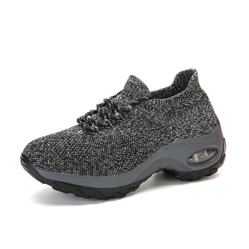 Grauer Sneaker mit Luftpolstersohle, Strickmaterial, bequeme Sportschuhe für Damen.
