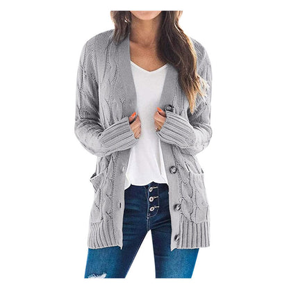 Damen Strickjacke grau, Zopfmuster, Knöpfe, lässig, modisch, Herbstmode, bequem, warm.